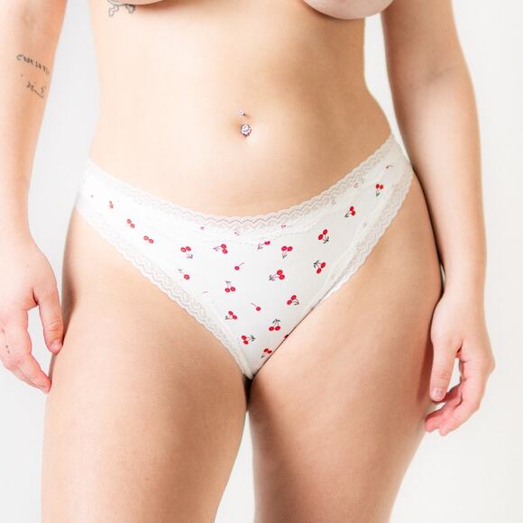 Cherry Print Lace Mid Rise Thong Panties - Picture 2 of 6